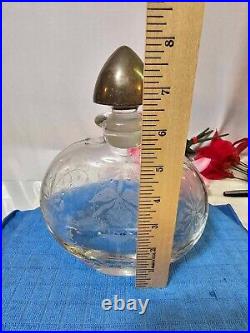 Vtg Glass Decanter Sterling stopper w etched Orchid/ Iris flower READ- A10