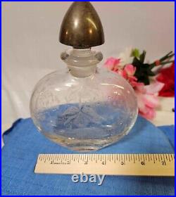 Vtg Glass Decanter Sterling stopper w etched Orchid/ Iris flower READ- A10