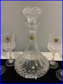 Vtg. Glass Liquor Decanter, 6 Sherry Crytal Glass Set Diamond Cut Design