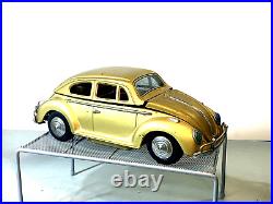 Vtg Gold MCM Tin Volkswagen Beetle Vw Bar Set Decanter Shot Glass Music Box 12d