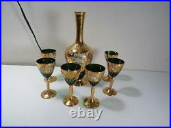 Vtg Green Venetian Murano Italian Glass Decanter & 6 Cordial Set -Floral Enamel