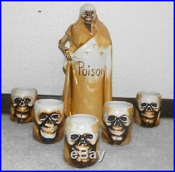 Vtg Grim Reaper Skull Skeleton Decanter Poison Bottle &5 Shot Glass-Japan-Shofu