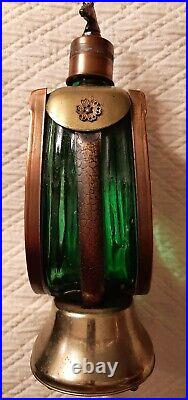 Vtg Horse Liquor Green Glass Decanter Brass Copper Musical Barware Mid Century