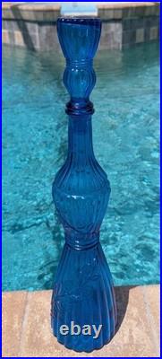 Vtg Italian Empoli Blue Art Glass Genie Bottle Decanter Floral Ribbed with Stopper
