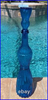 Vtg Italian Empoli Blue Art Glass Genie Bottle Decanter Floral Ribbed with Stopper