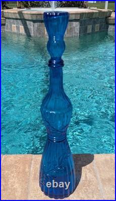 Vtg Italian Empoli Blue Art Glass Genie Bottle Decanter Floral Ribbed with Stopper