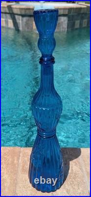 Vtg Italian Empoli Blue Art Glass Genie Bottle Decanter Floral Ribbed with Stopper