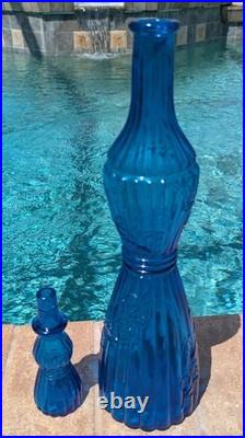 Vtg Italian Empoli Blue Art Glass Genie Bottle Decanter Floral Ribbed with Stopper