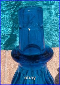 Vtg Italian Empoli Blue Art Glass Genie Bottle Decanter Floral Ribbed with Stopper
