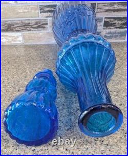 Vtg Italian Empoli Blue Art Glass Genie Bottle Decanter Floral Ribbed with Stopper