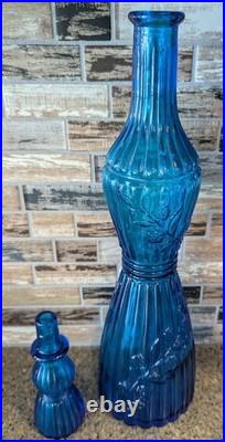 Vtg Italian Empoli Blue Art Glass Genie Bottle Decanter Floral Ribbed with Stopper