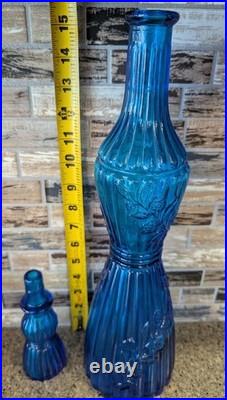 Vtg Italian Empoli Blue Art Glass Genie Bottle Decanter Floral Ribbed with Stopper