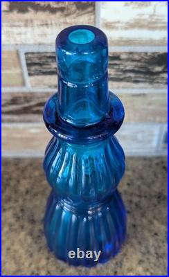 Vtg Italian Empoli Blue Art Glass Genie Bottle Decanter Floral Ribbed with Stopper