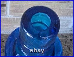 Vtg Italian Empoli Blue Art Glass Genie Bottle Decanter Floral Ribbed with Stopper