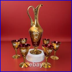 Vtg Italian MURANO WINE DECANTER SET Ruby Red Gold Painted Flowers 7pc Set
