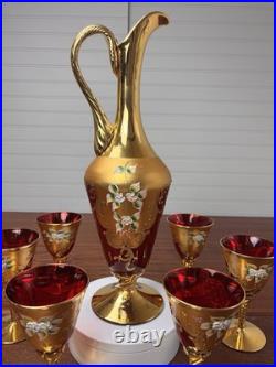 Vtg Italian MURANO WINE DECANTER SET Ruby Red Gold Painted Flowers 7pc Set