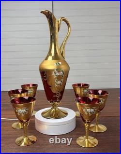 Vtg Italian MURANO WINE DECANTER SET Ruby Red Gold Painted Flowers 7pc Set