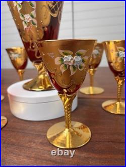 Vtg Italian MURANO WINE DECANTER SET Ruby Red Gold Painted Flowers 7pc Set