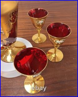 Vtg Italian MURANO WINE DECANTER SET Ruby Red Gold Painted Flowers 7pc Set