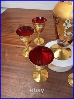 Vtg Italian MURANO WINE DECANTER SET Ruby Red Gold Painted Flowers 7pc Set