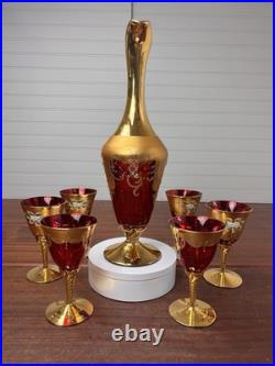 Vtg Italian MURANO WINE DECANTER SET Ruby Red Gold Painted Flowers 7pc Set