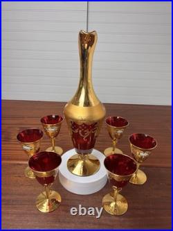 Vtg Italian MURANO WINE DECANTER SET Ruby Red Gold Painted Flowers 7pc Set