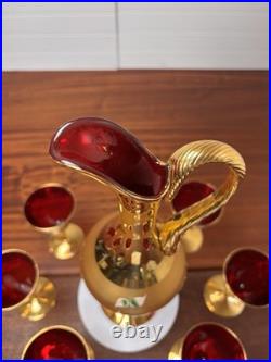 Vtg Italian MURANO WINE DECANTER SET Ruby Red Gold Painted Flowers 7pc Set
