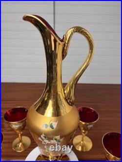Vtg Italian MURANO WINE DECANTER SET Ruby Red Gold Painted Flowers 7pc Set