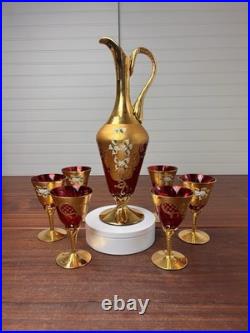 Vtg Italian MURANO WINE DECANTER SET Ruby Red Gold Painted Flowers 7pc Set