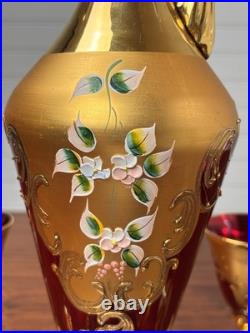 Vtg Italian MURANO WINE DECANTER SET Ruby Red Gold Painted Flowers 7pc Set