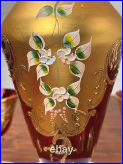 Vtg Italian MURANO WINE DECANTER SET Ruby Red Gold Painted Flowers 7pc Set