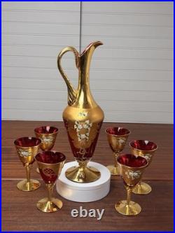 Vtg Italian MURANO WINE DECANTER SET Ruby Red Gold Painted Flowers 7pc Set
