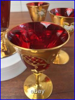 Vtg Italian MURANO WINE DECANTER SET Ruby Red Gold Painted Flowers 7pc Set