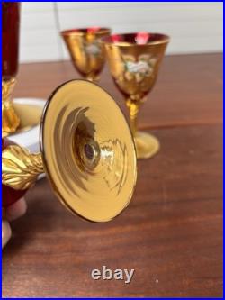 Vtg Italian MURANO WINE DECANTER SET Ruby Red Gold Painted Flowers 7pc Set