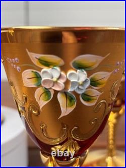 Vtg Italian MURANO WINE DECANTER SET Ruby Red Gold Painted Flowers 7pc Set