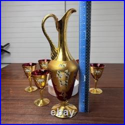 Vtg Italian MURANO WINE DECANTER SET Ruby Red Gold Painted Flowers 7pc Set