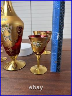 Vtg Italian MURANO WINE DECANTER SET Ruby Red Gold Painted Flowers 7pc Set