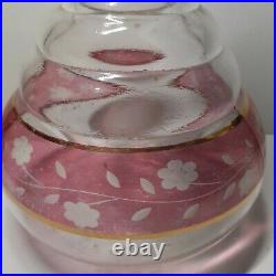 Vtg Kent Wine Decanter Plastic Ribbed Neck Red Flash Etched Glass Flower Barware