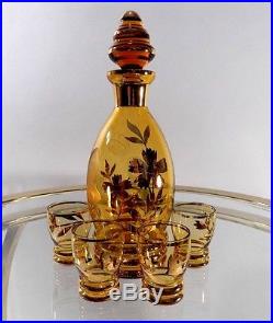 Vtg Liquor Set of 6 Bohemian Etched Glass decanter shot glasses Retro Mod era