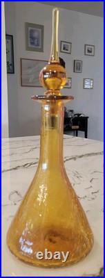 Vtg MCM Blenko Amber Crackle Glass Genie Bottle Decanter With Tear Drop Stopper