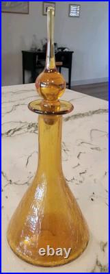 Vtg MCM Blenko Amber Crackle Glass Genie Bottle Decanter With Tear Drop Stopper