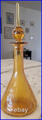 Vtg MCM Blenko Amber Crackle Glass Genie Bottle Decanter With Tear Drop Stopper