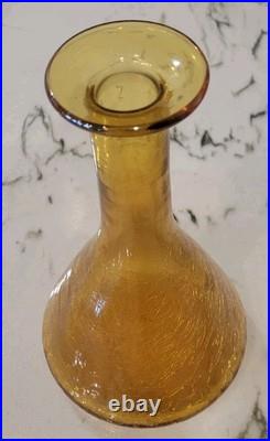 Vtg MCM Blenko Amber Crackle Glass Genie Bottle Decanter With Tear Drop Stopper