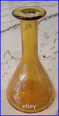 Vtg MCM Blenko Amber Crackle Glass Genie Bottle Decanter With Tear Drop Stopper