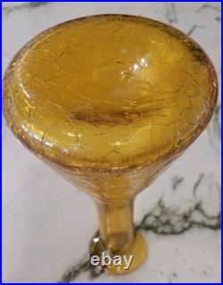 Vtg MCM Blenko Amber Crackle Glass Genie Bottle Decanter With Tear Drop Stopper