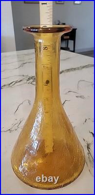 Vtg MCM Blenko Amber Crackle Glass Genie Bottle Decanter With Tear Drop Stopper