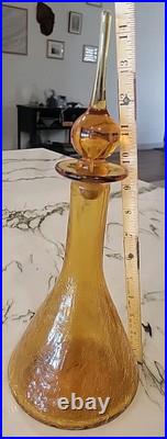 Vtg MCM Blenko Amber Crackle Glass Genie Bottle Decanter With Tear Drop Stopper
