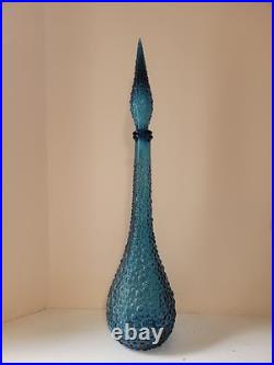 Vtg MCM Blue Empoli Bubble Hobnail Glass Genie Decanter Bottle with Stopper 22