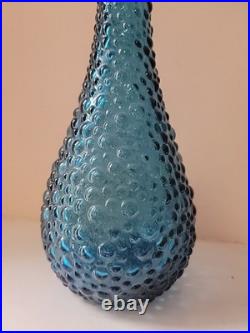 Vtg MCM Blue Empoli Bubble Hobnail Glass Genie Decanter Bottle with Stopper 22