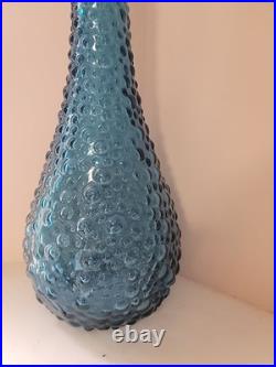Vtg MCM Blue Empoli Bubble Hobnail Glass Genie Decanter Bottle with Stopper 22